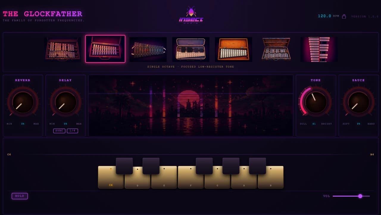 The Glockfather plugin window: a row of seven photographed glockenspiels to pick a sampled instrument from, knobs for Reverb, Delay, Tone and Sauce around a pixel-art sunset display, and a one-octave keyboard from C6 to B6.